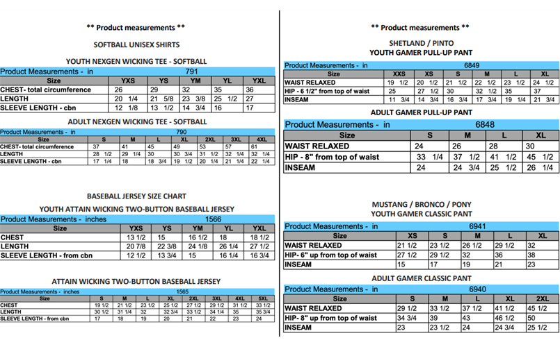 Uniform Sizing Chart